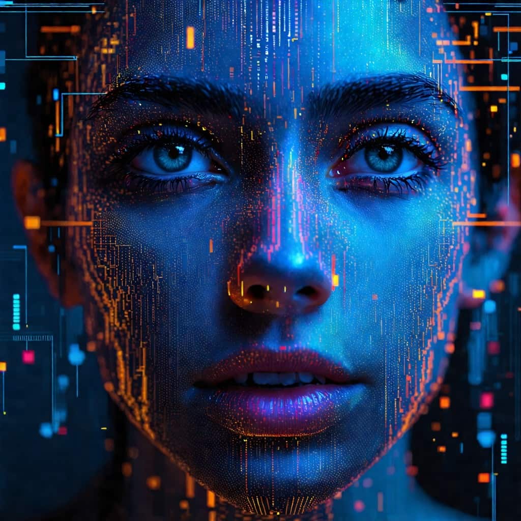 푸른빛과 주황빛 회로가 얼굴 위에 투사된 인공 지능 초상