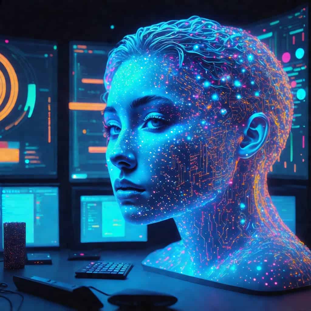 푸른빛과 분홍빛 데이터 패턴이 입혀진 인공 인간의 얼굴