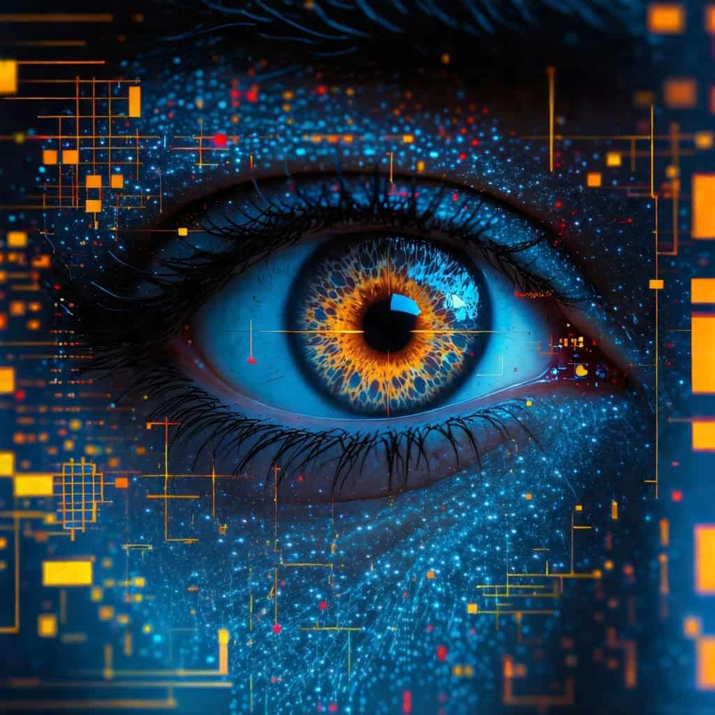 황금빛 홍채가 강조된 디지털 안구 인식 인터페이스