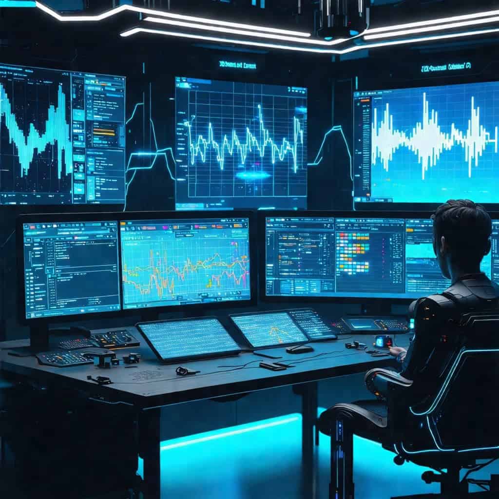 다중 그래프와 데이터 분석 화면을 제어 중인 사이버 분석가