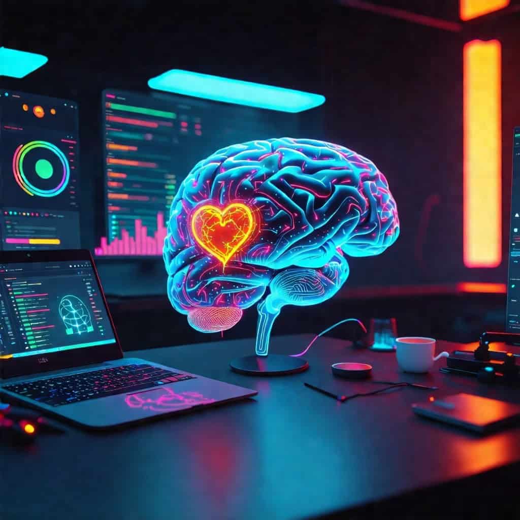 네온빛으로 표현된 뇌 모형과 감정 데이터를 분석하는 연구실