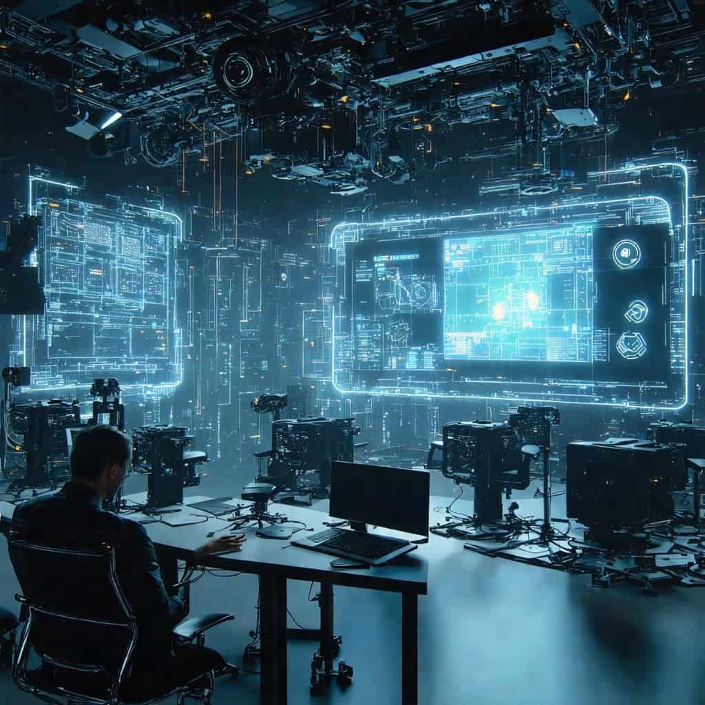 거대한 홀로그램 스크린이 설치된 미래형 데이터 제어실