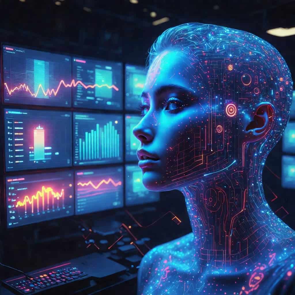 데이터 차트를 배경으로 한 디지털 인간의 근접 초상