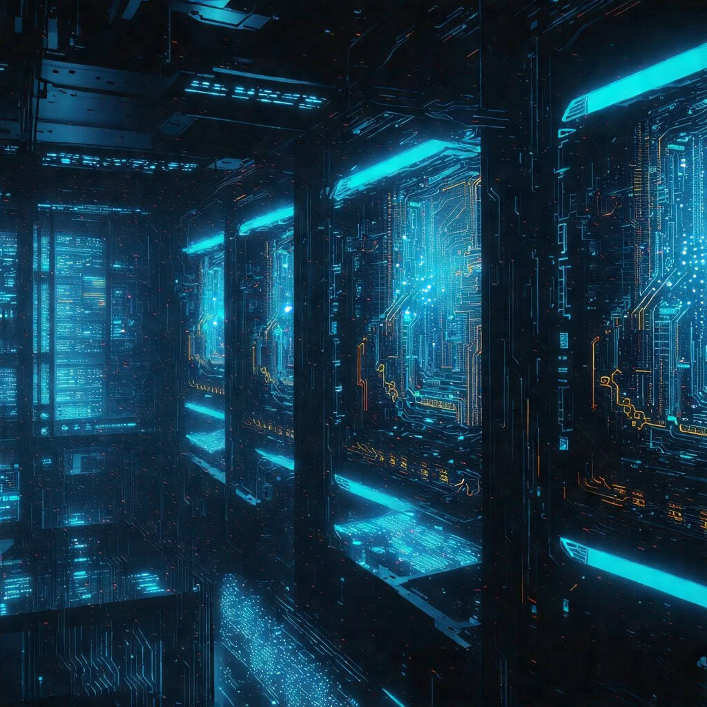 네온빛으로 가득한 첨단 데이터 서버실 내부