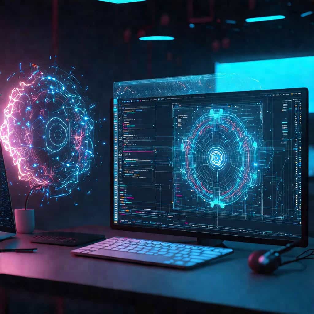 홀로그램 구체와 데이터 시각화 화면이 결합된 AI 분석 장면