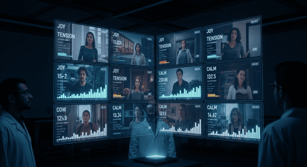 과학자들이 감정 분석 대시보드를 모니터링하는 장면