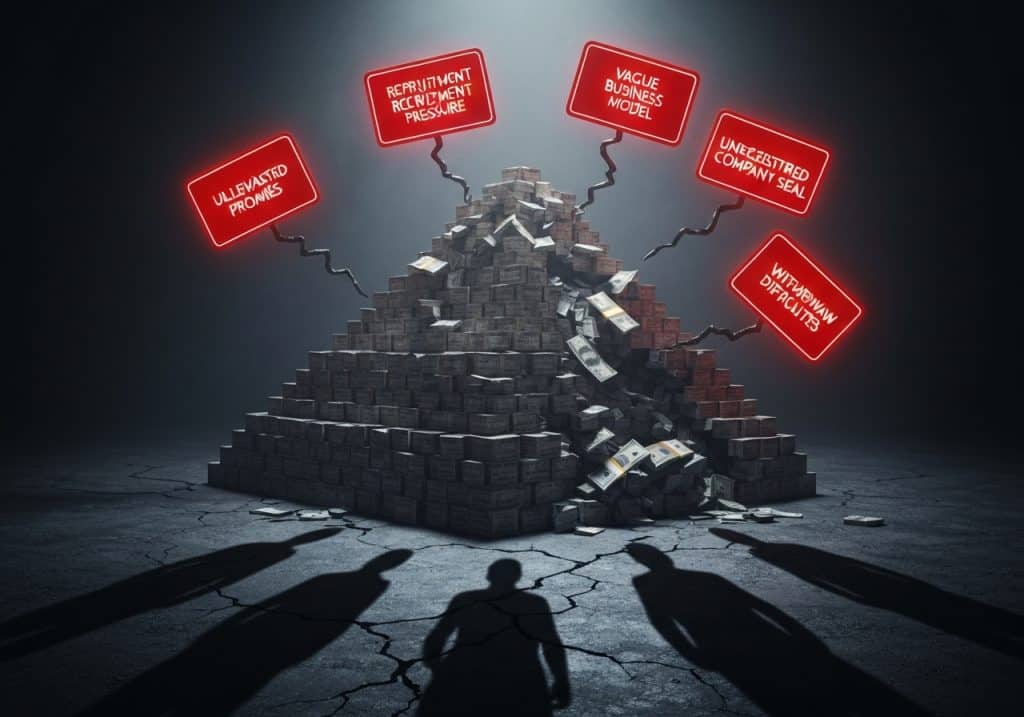 어둠 속 돈 더미가 피라미드처럼 쌓여 있고 붉은 경고 표지들이 사방에서 떠오르며 불안한 징후가 드러나는 장면