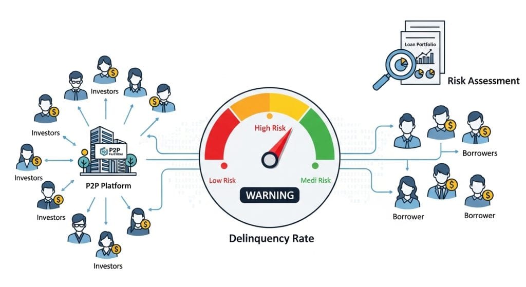 원형 게이지가 하위·중간·상위 위험을 표시하고 좌우로 플랫폼과 평가 요소가 뻗어나가며 대출 과정이 대비되는 모습